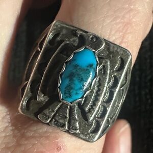 Silver Phoenix Bell Trading Post Ring with Turquoise Stone Vintage